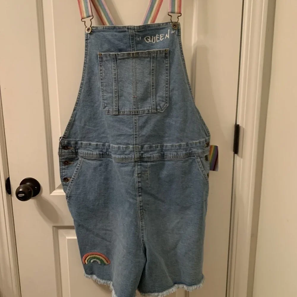 Take Pride Rainbow QUEEN Blue Denim Bib Short Overalls Rainbow Straps Size Large - Picture 1 of 7